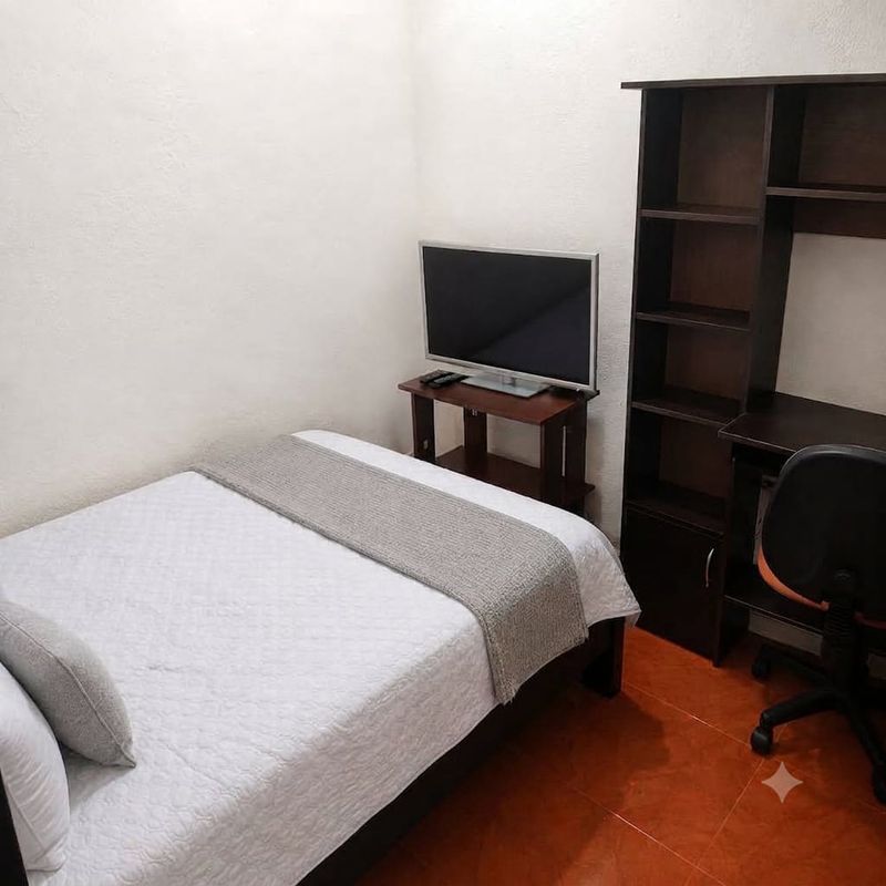Urban: detalle del escritorio integrado en madera con estantería.