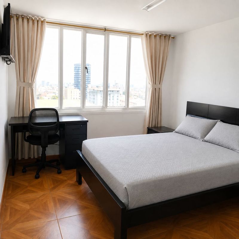 Exclusive: cama, escritorio y televisor con vista a la ciudad.