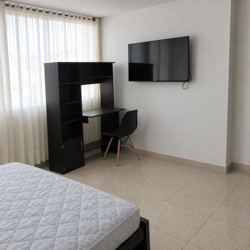 Prime: escritorio con estantería y televisor.